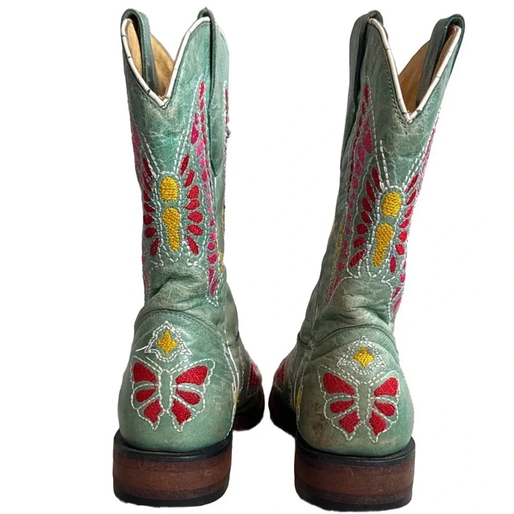 Corral Kids Turquoise Leather Butterfly Embroidered Western Boots Square Toe 1.5
